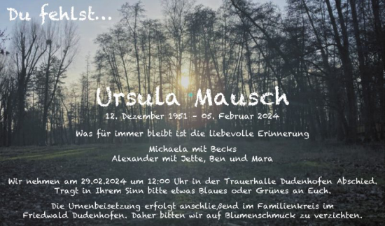 Traueranzeige von Ursula Mausch von Mannheimer Morgen