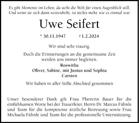 Traueranzeige von Uwe Seifert von Mannheimer Morgen