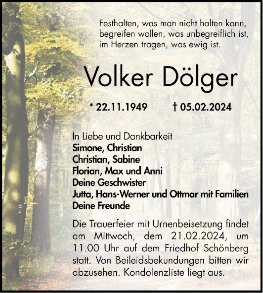  Traueranzeige für Volker Dölger vom 17.02.2024 aus Bergsträßer Anzeiger