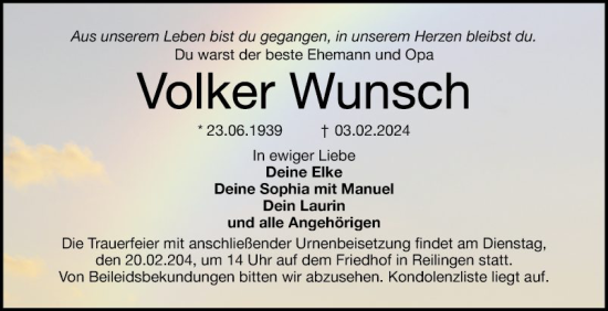 Traueranzeige von Volker Wunsch von Schwetzinger Zeitung