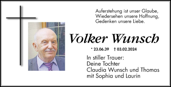 Traueranzeige von Volker Wunsch von Schwetzinger Zeitung