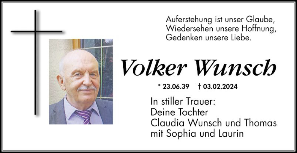  Traueranzeige für Volker Wunsch vom 17.02.2024 aus Schwetzinger Zeitung