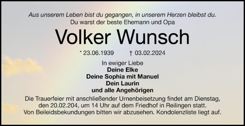  Traueranzeige für Volker Wunsch vom 10.02.2024 aus Schwetzinger Zeitung