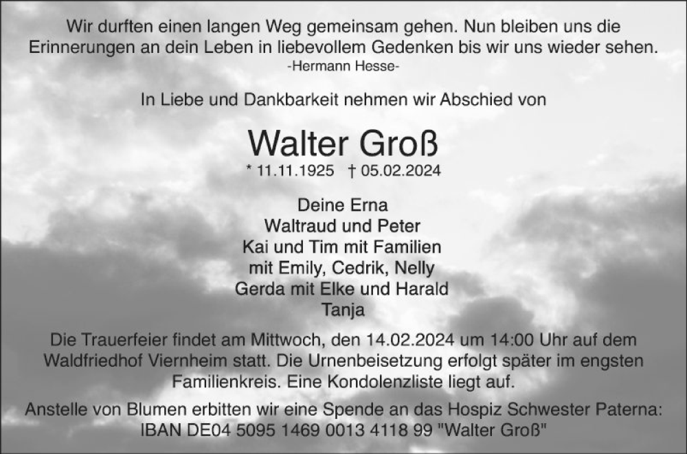  Traueranzeige für Walter Groß vom 10.02.2024 aus Mannheimer Morgen