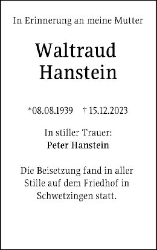 Traueranzeige von Waltraud Hanstein von Schwetzinger Zeitung