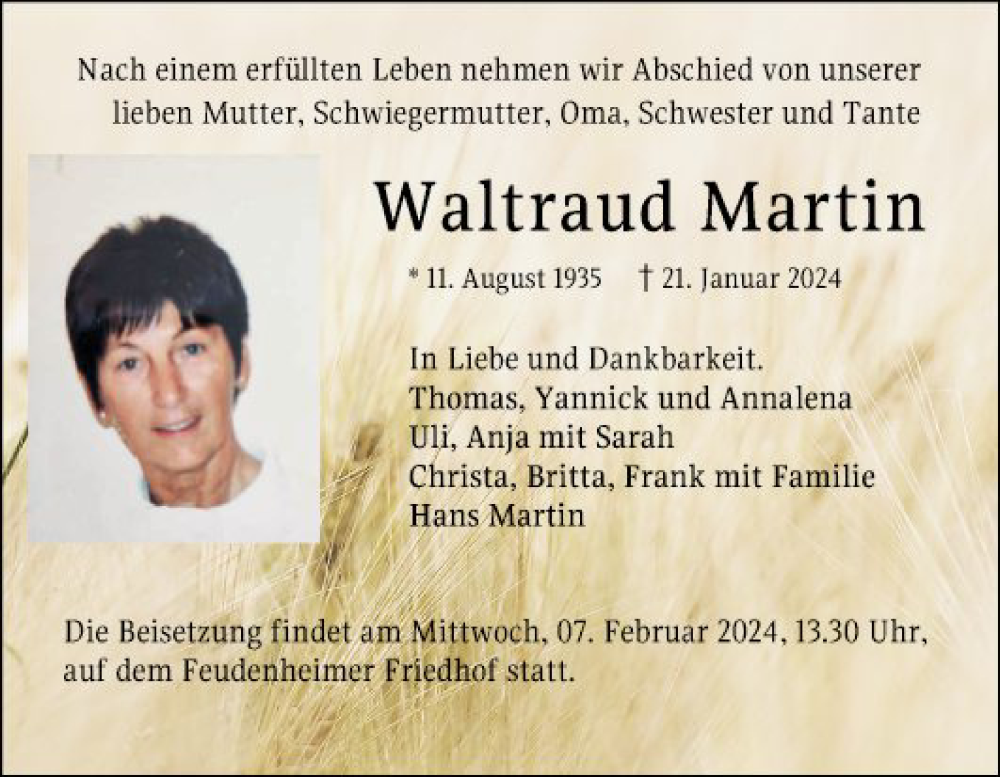  Traueranzeige für Waltraud Martin vom 03.02.2024 aus Mannheimer Morgen