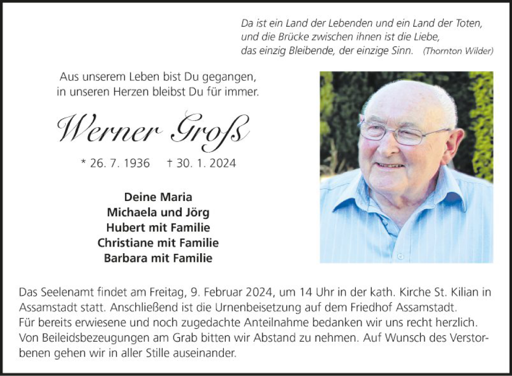  Traueranzeige für Werner Groß vom 06.02.2024 aus Fränkische Nachrichten