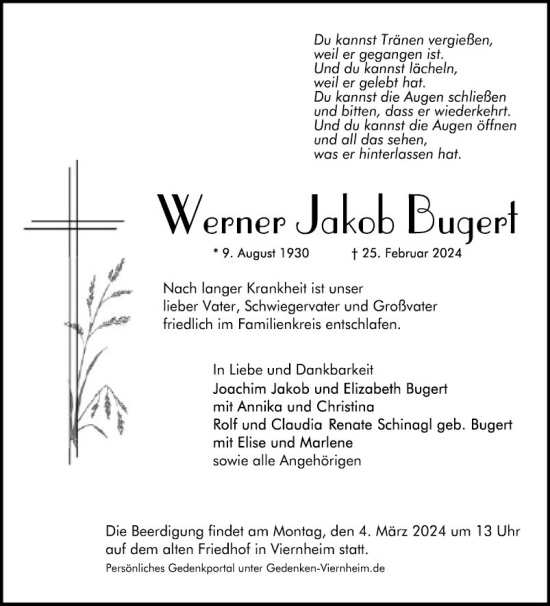 Traueranzeige von Werner Jakob Bugert von Mannheimer Morgen
