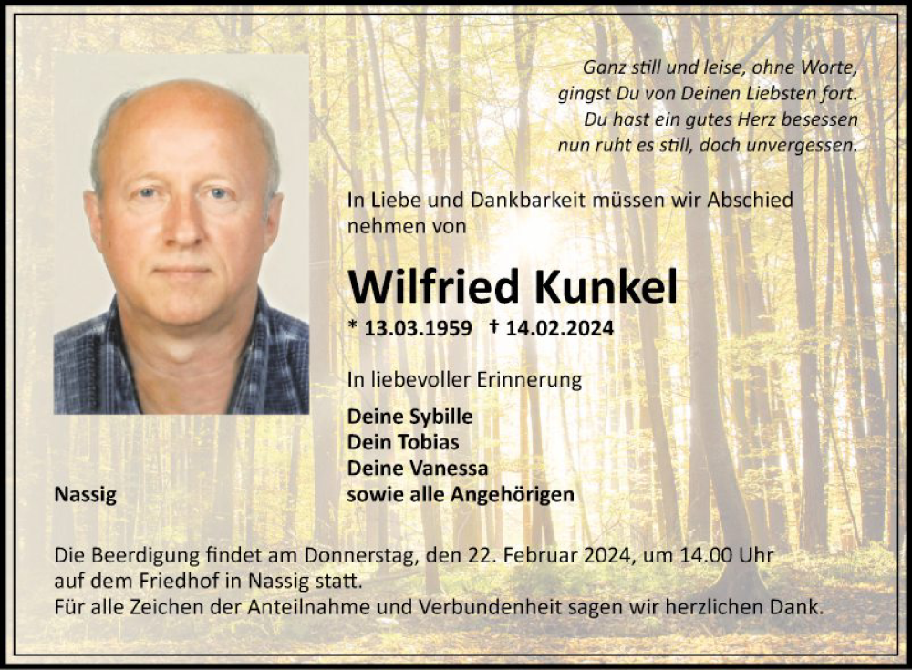  Traueranzeige für Wilfried Kunkel vom 20.02.2024 aus Fränkische Nachrichten