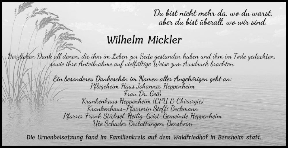  Traueranzeige für Wilhelm Mickler vom 03.02.2024 aus Bergsträßer Anzeiger