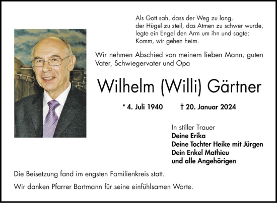 Traueranzeige von Wilhelm Willi Gärtner von Bergsträßer Anzeiger