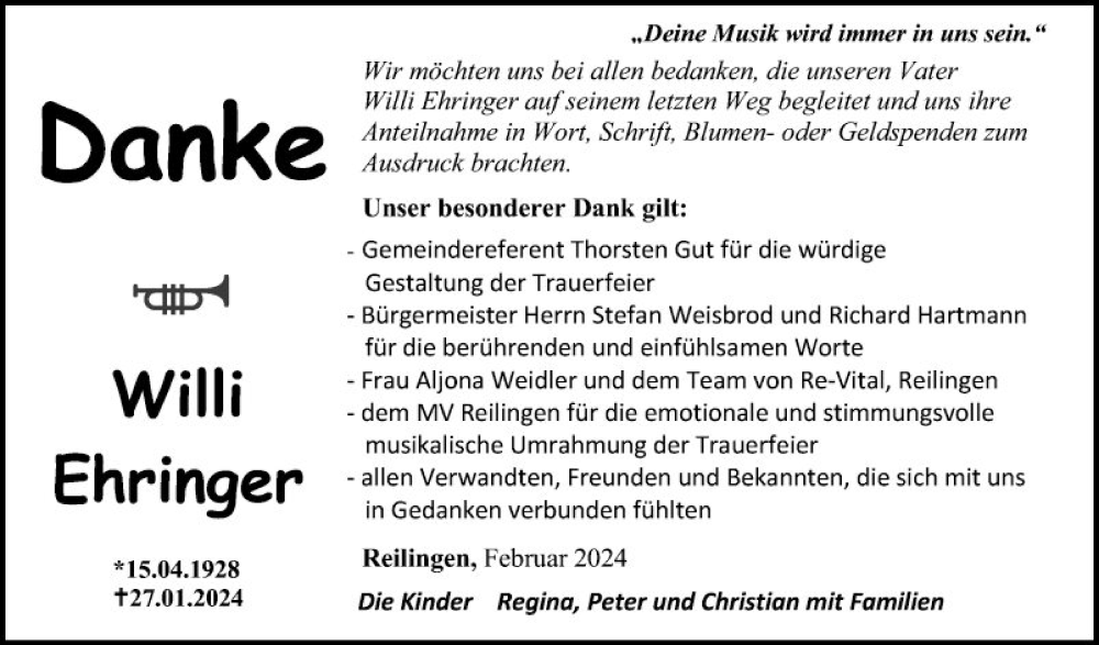  Traueranzeige für Willi Ehringer vom 29.02.2024 aus Schwetzinger Zeitung