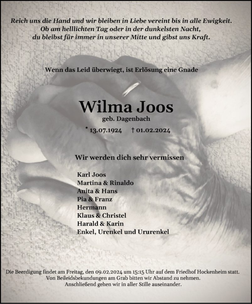  Traueranzeige für Wilma Joos vom 07.02.2024 aus Schwetzinger Zeitung