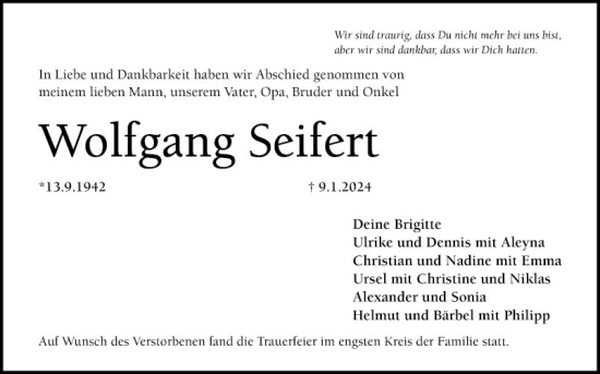 Traueranzeige von Wolfgang Seifen von Mannheimer Morgen