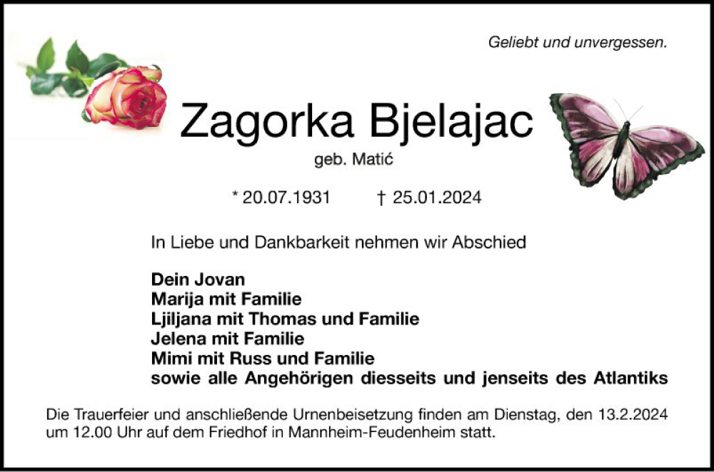  Traueranzeige für Zagorka Bjelajac vom 10.02.2024 aus Mannheimer Morgen