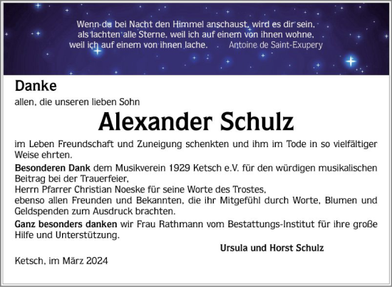 Traueranzeige von Alexander Schulz von Schwetzinger Zeitung