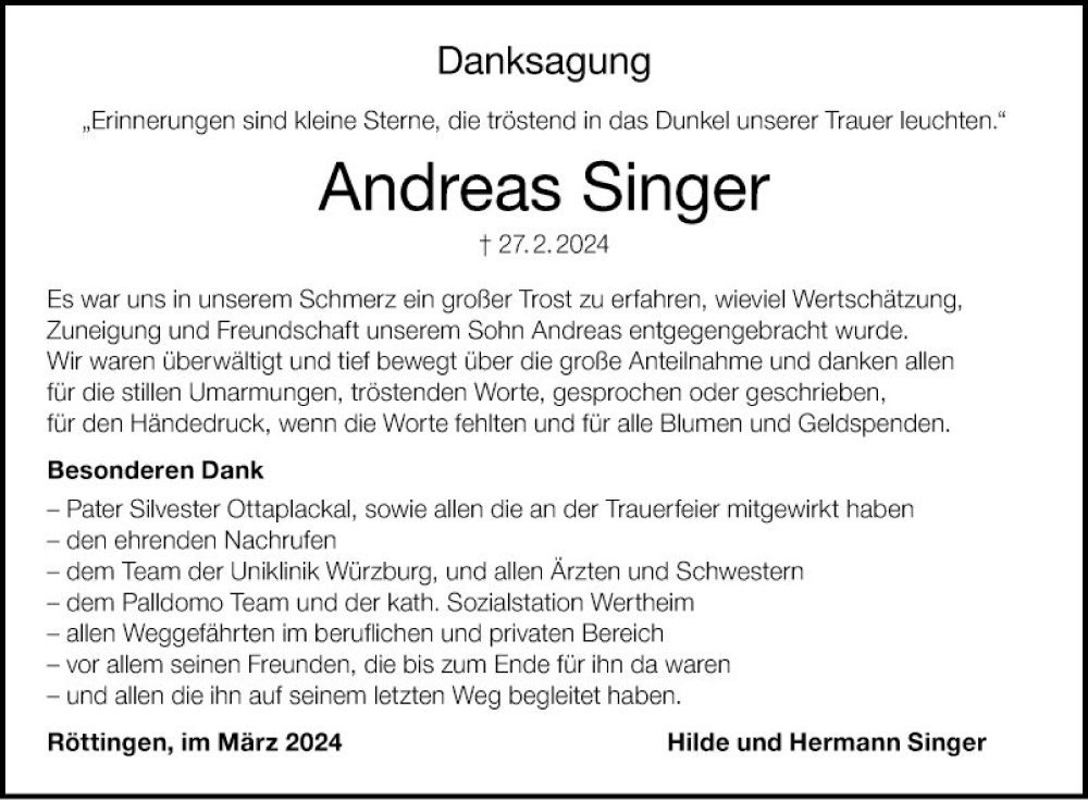  Traueranzeige für Andreas Singer vom 30.03.2024 aus Fränkische Nachrichten