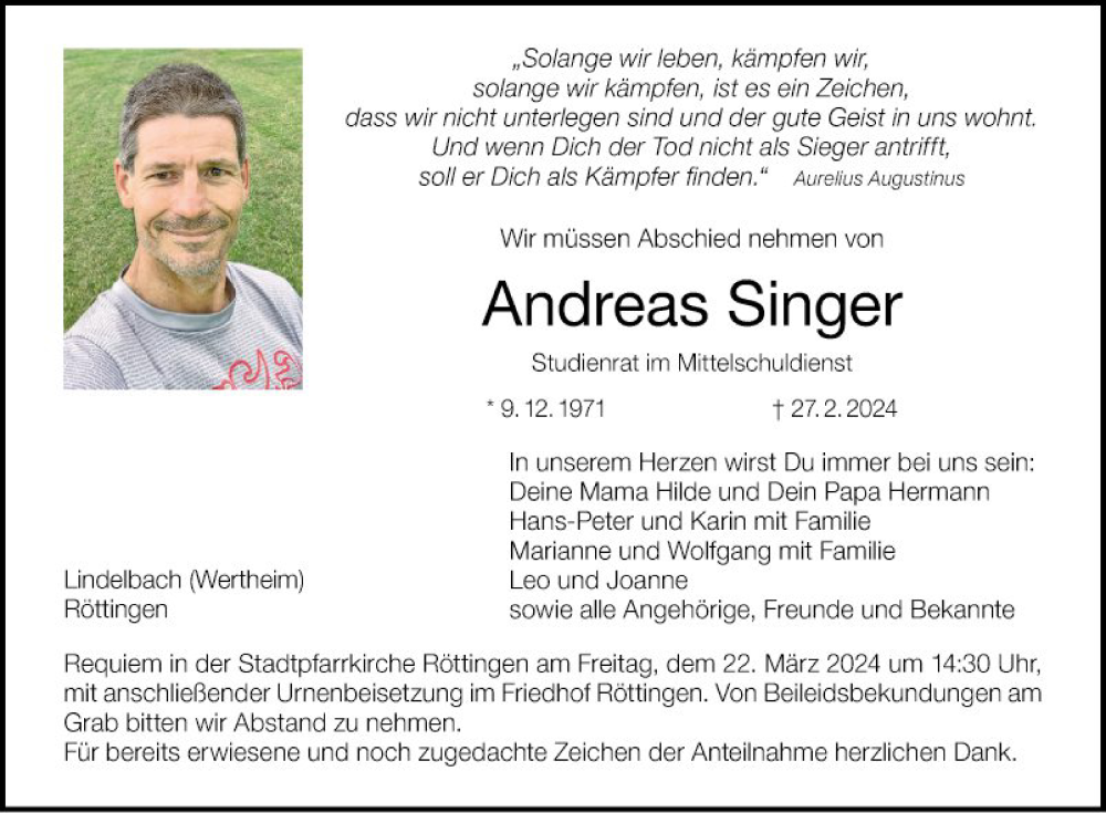  Traueranzeige für Andreas Singer vom 16.03.2024 aus Fränkische Nachrichten