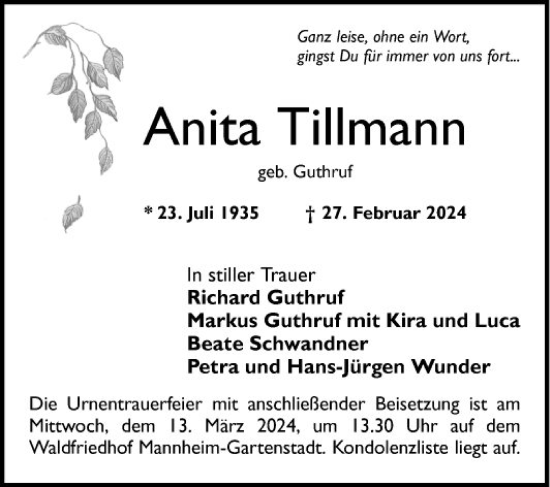 Traueranzeige von Anita Tillmann von Mannheimer Morgen