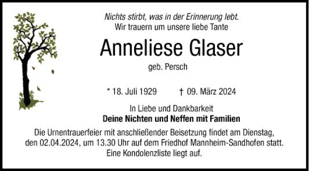  Traueranzeige für Anneliese Glaser vom 23.03.2024 aus Mannheimer Morgen
