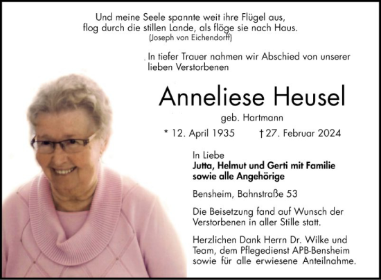 Traueranzeige von Anneliese Heusel von Bergsträßer Anzeiger