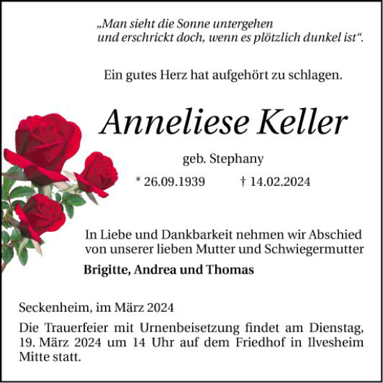 Traueranzeige von Anneliese Keller von Mannheimer Morgen