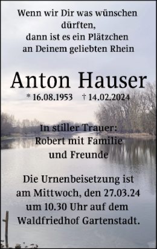 Traueranzeige von Anton Hauser von Mannheimer Morgen