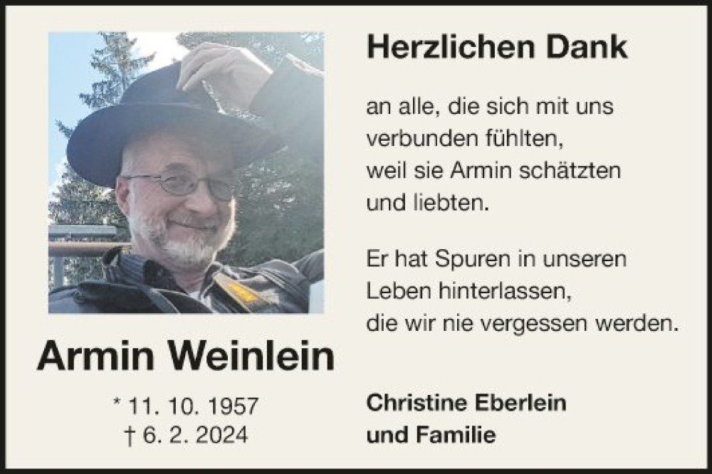  Traueranzeige für Armin Weinlein vom 09.03.2024 aus Fränkische Nachrichten
