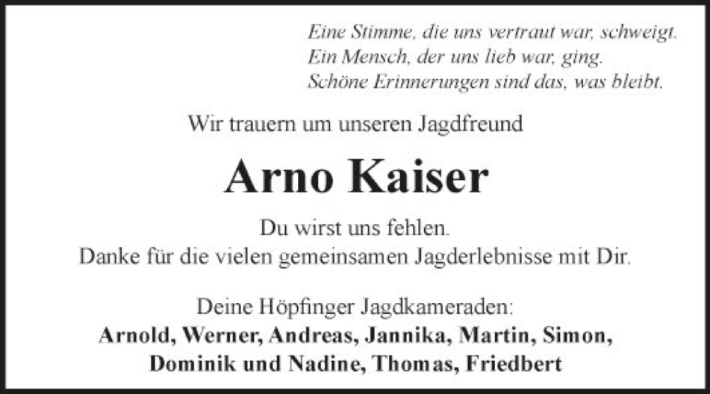  Traueranzeige für Arno Kaiser vom 18.03.2024 aus Fränkische Nachrichten