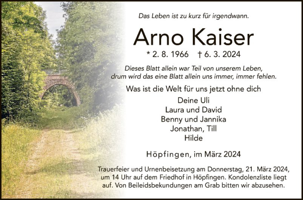 Traueranzeige für Arno Kaiser vom 18.03.2024 aus Fränkische Nachrichten