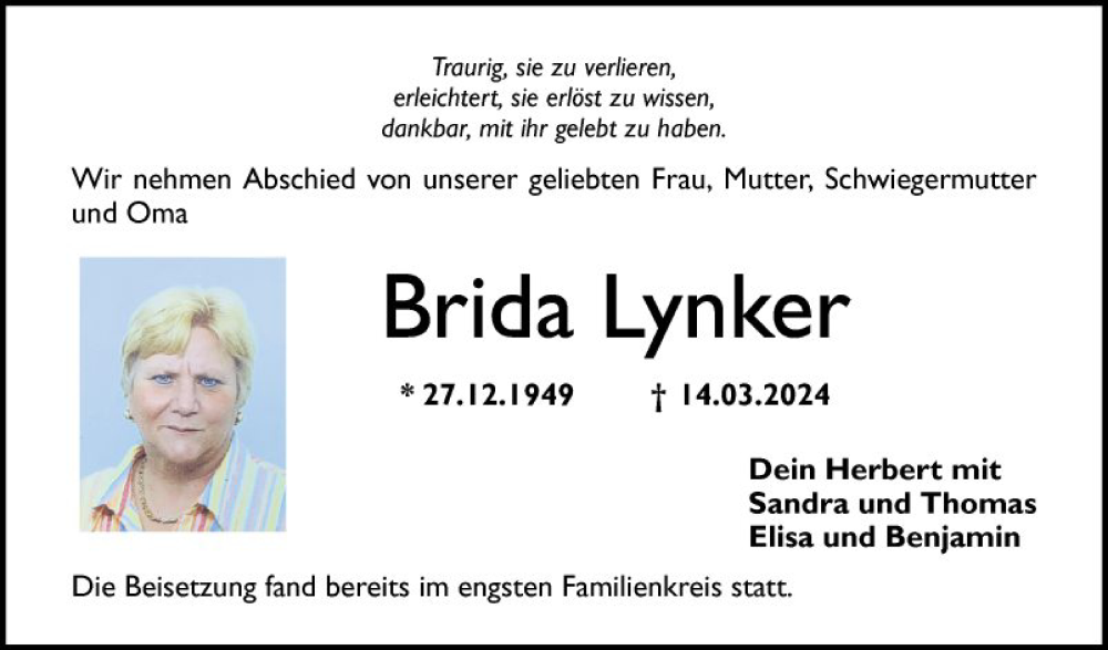  Traueranzeige für Brida Lynker vom 30.03.2024 aus Mannheimer Morgen