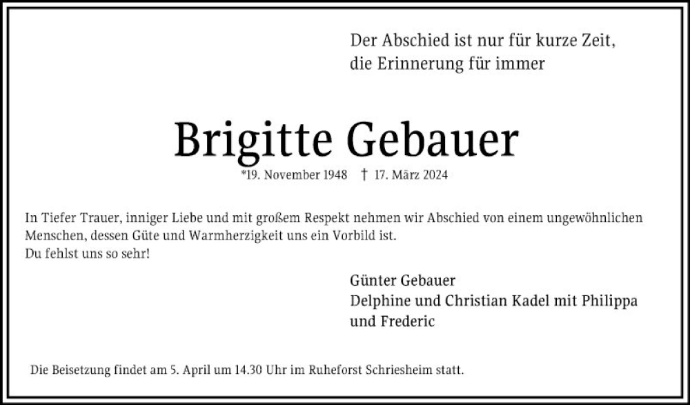  Traueranzeige für Brigitte Gebauer vom 30.03.2024 aus Mannheimer Morgen