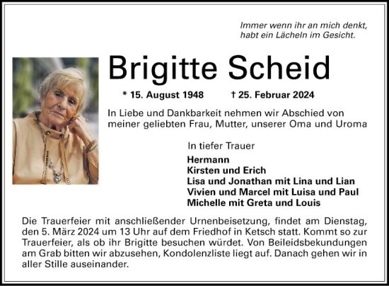 Traueranzeige von Brigitte Scheid von Schwetzinger Zeitung