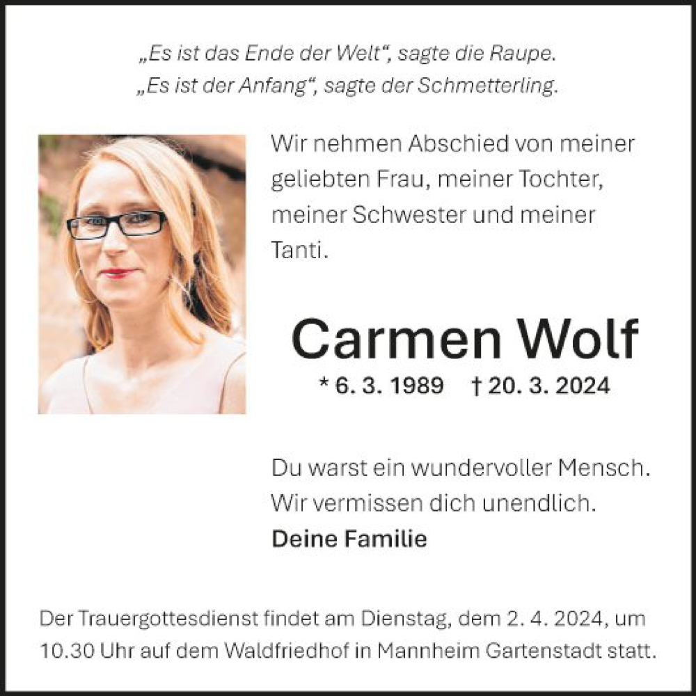  Traueranzeige für Carmen Wolf vom 26.03.2024 aus Fränkische Nachrichten