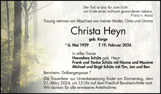 Traueranzeige von Christa Heyn von Bergsträßer Anzeiger