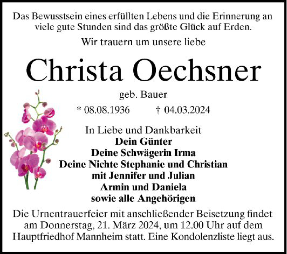  Traueranzeige für Christa Oechsner vom 16.03.2024 aus Mannheimer Morgen