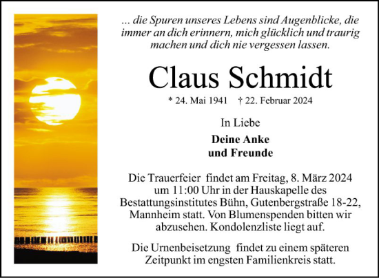 Traueranzeige von Claus Schmidt von Mannheimer Morgen