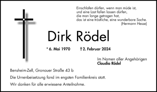 Traueranzeige von Dirk Rödel von Bergsträßer Anzeiger