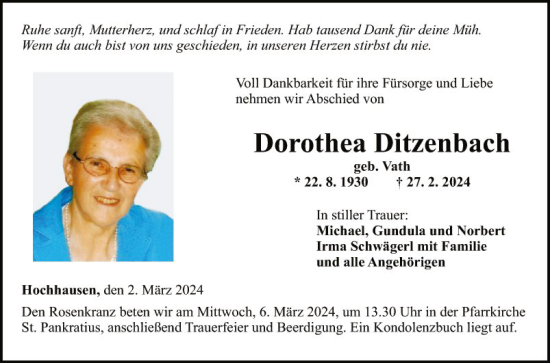 Traueranzeige von Dorothea Ditzenbach von Fränkische Nachrichten