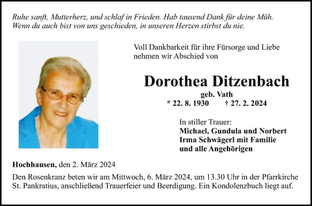  Traueranzeige für Dorothea Ditzenbach vom 02.03.2024 aus Fränkische Nachrichten