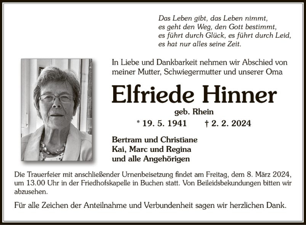  Traueranzeige für Elfriede Hinner vom 02.03.2024 aus Fränkische Nachrichten