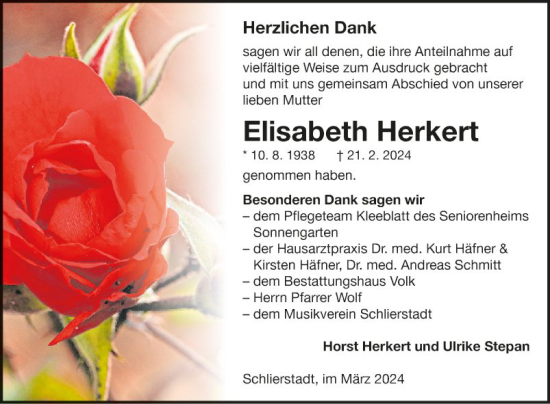 Traueranzeige von Elisabeth Herkert von Fränkische Nachrichten