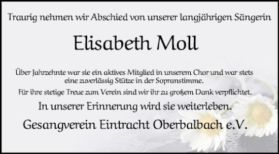 Traueranzeige von Elisabeth Moll von Fränkische Nachrichten
