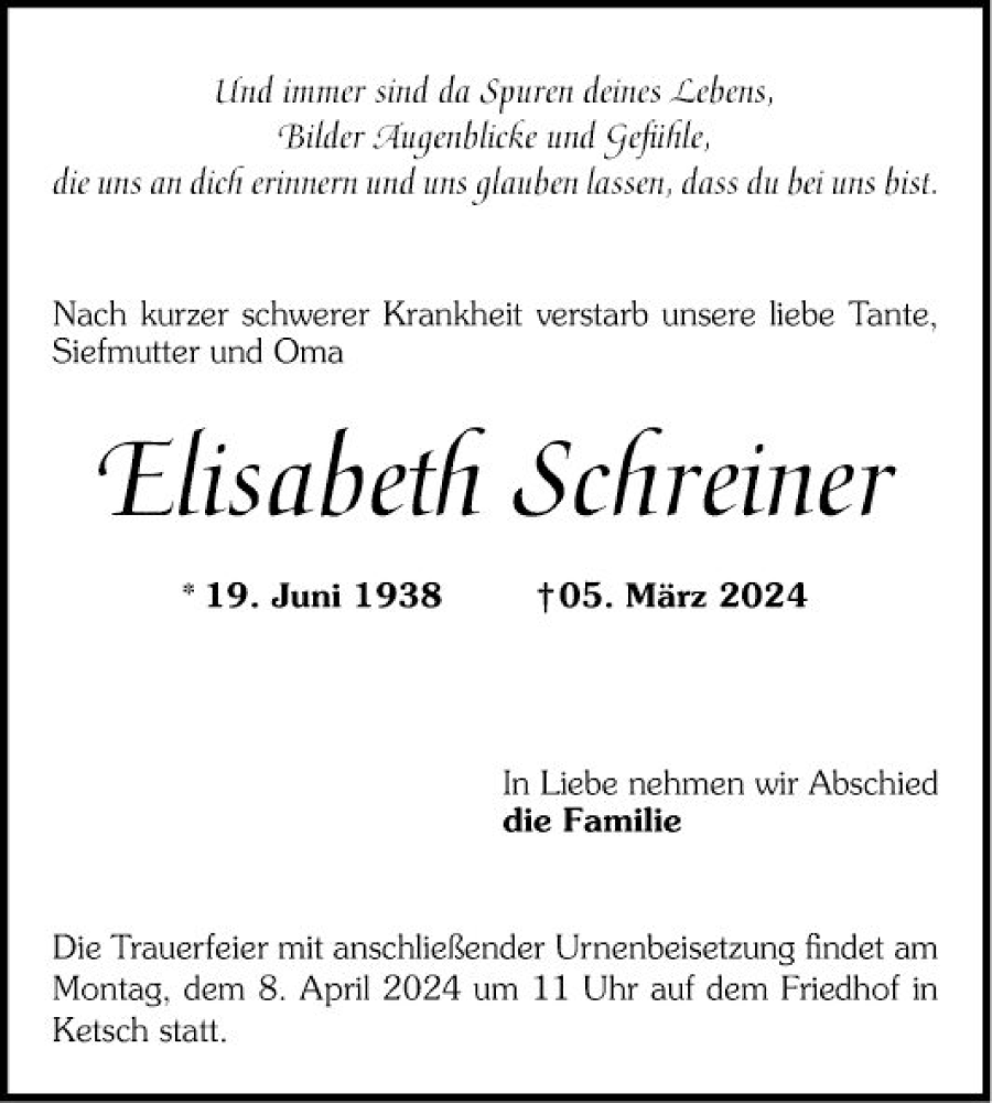  Traueranzeige für Elisabeth Schreiner vom 30.03.2024 aus Schwetzinger Zeitung