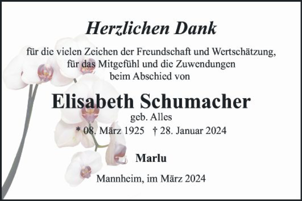  Traueranzeige für Elisabeth Schumacher vom 09.03.2024 aus Mannheimer Morgen