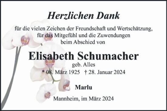 Traueranzeige von Elisabeth Schumacher von Mannheimer Morgen