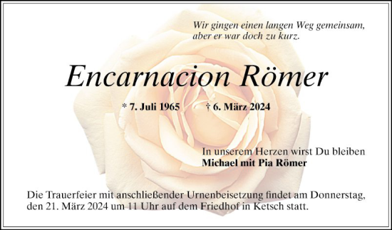 Traueranzeige von Encarnacion Römer von Schwetzinger Zeitung