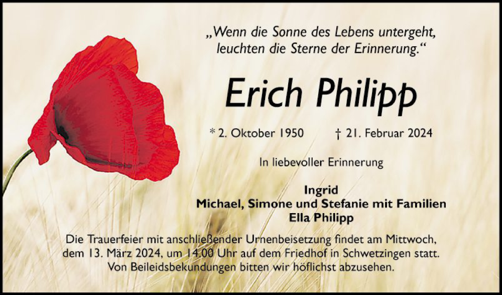 Traueranzeige für Erich Philipp vom 09.03.2024 aus Schwetzinger Zeitung