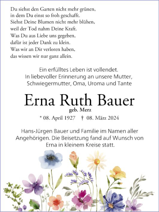 Traueranzeige von Erna Ruth Bauer von Bergsträßer Anzeiger