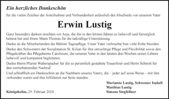 Traueranzeige von Erwin Lustig von Fränkische Nachrichten